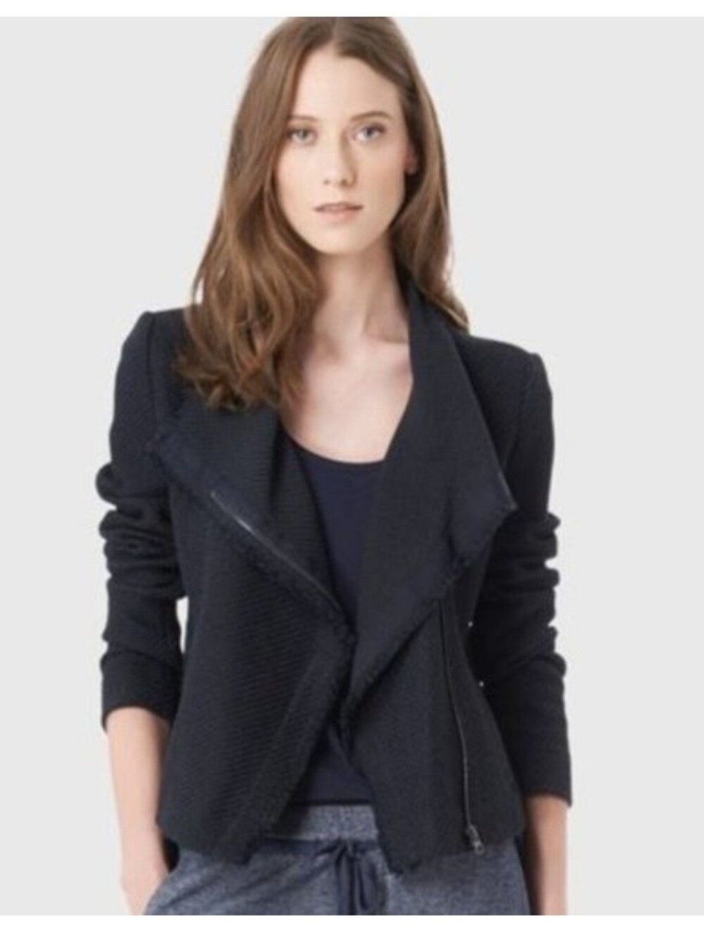 Vince | Tweed Moto Jacket Blazer Asymmetrical Zip Frayed Edge Navy Blue Large